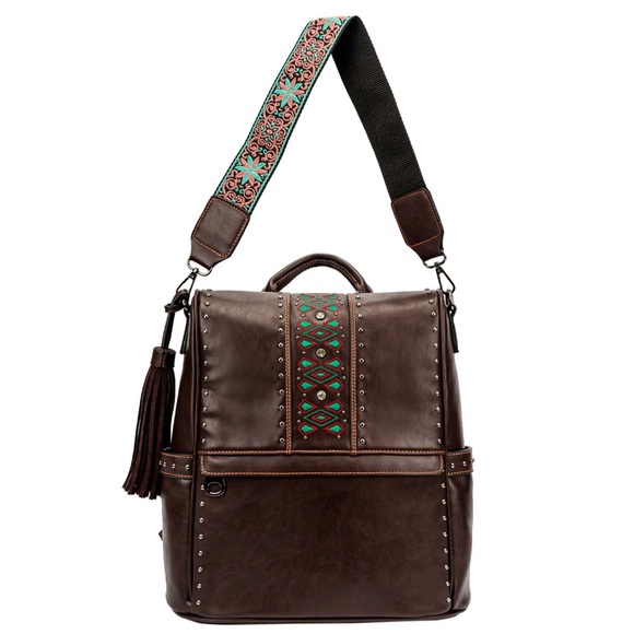 Lavawa Embroidered Fringe Rhinestone Studs Convertible Backpack Shoulder Bag - Picture 4 of 4
